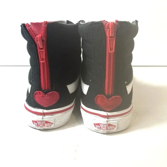 Vans SK8-Hi Sneakers Skate Women's 8.5 Lace Up Mens 7 Black Red Canvas Zip Heart - Picture 10 of 12